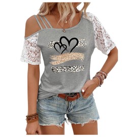 SweatyRocks Women's Animal Print Tops Floral Lace Cold Shoulder Graphic Asymmetrical T Shirt Grey Large