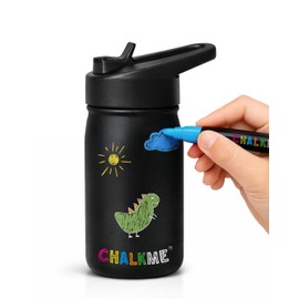 CHALKME Kids Water Bottle Insulated Stainless Steel, Leakproof for School, Sports, Travel, for Girls Boys, Includes Washable Markers, 11.9 oz