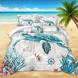 Bedbay Coastal Bedding Set Queen Size for Girls Boys - Soft Lightweight Ocean Bedding Quilt Set - Beach Room Decor 4 Pcs Retro Turtle Beach Theme Duvet Insert
