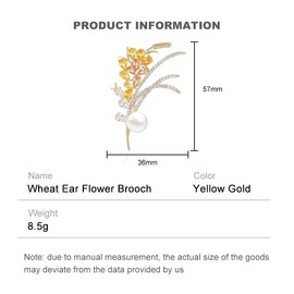 14K Gold Handcrafted Wheat Ear Flower Brooch, Adorned with Natural Gemstones and Pearl, Sophisticated Women's Jewelry, Perfect Birthday and Special Occasion Gift (Yellow)