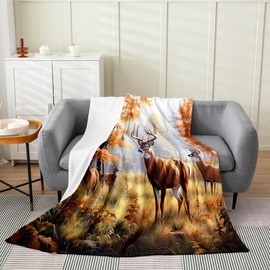 Cute Deer Flannel Fleece Throw Blanket Kids Deer Hunting All Season Bed Blanket for Sofa Couch Teens Antlers Fuzzy Blanket Breathable Western Farmhouse Red Orange Plush Blanket Twin 60"x80"