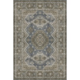 Rugland 9x12 Area Rug - Stain Resistant Washable Rug, Anti Slip Backing Rugs for Living Room, Vintage Tribal Area Rugs (TPR07-Green, 9'x12')