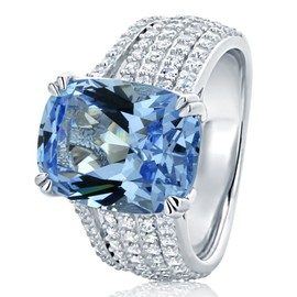DoubleAccent Sterling Silver Ring Radiant 5 carat Simulated Aquamarine CZ Stone Cocktail Ring 13MM (Size 5 to 10), 5