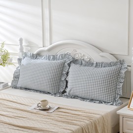 2 Pack Blue White Plaid Gingham Ruffle Pillow Shams Standard Size 20x26 inches, 100% Washed Cotton Checkered Farmhouse Pillow Covers for Bed/Sofa (26x20 inches,Blue/White Plaid)