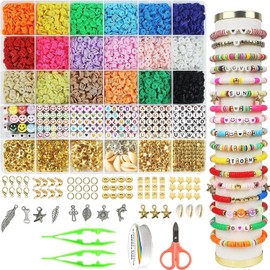 Kit para hacer pulseras con cuentas de arcilla 5100, cuentas planas de muy buen gusto para hacer joyas de amistad, cuentas de polímero Heishi con dijes, regalos para adolescentes y niñas, manualidades para niñas de 8 a 12 años (multicolor)
