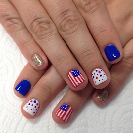 Blue Red Independence Day Press on Nails Short Square Fake Nails 4th of July False Nails Glossy Finish Acrylic Nails Kit American Flag and Dot Glue on Nails Stick on Nails for Women Manicure 24Pcs