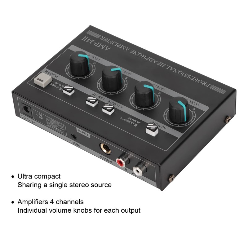 Amplificador de Auriculares de 4 Canales Estéreo Compacto con Adaptador