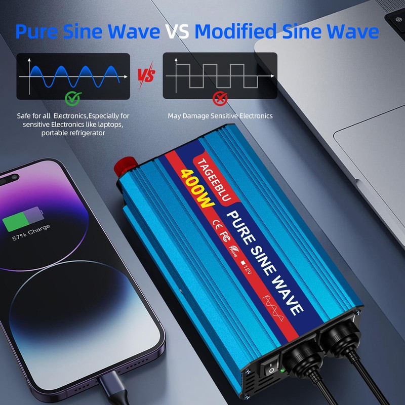 400W Pure Sine Wave Power Inverter 12V DC to 110V