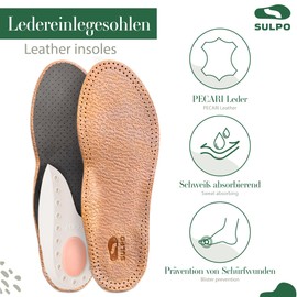 SULPO Orthopaedic Leather Insoles for Crooked Feet, Forefoot Pain and Arch Splayfoot, Insoles with Activated Carbon to Prevent Sweaty Feet, Size 4