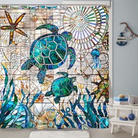 Accnicc Nautical Sea Turtle Shower Curtain Teal Blue Stained Glass Ocean Theme Coastal Shower Curtains for Bathroom Vintage Map Beach Waterproof Fabric Bath Curtain Decor 72x72 Inches