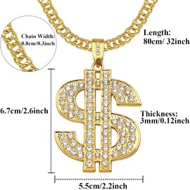 Riuziyi Gold Plated Chain with Crystal Dollar Sign Pendant Necklace, Hip Hop Chain Money Charm Necklace for Men 31.5 Inch, Metal, Cubic Zirconia