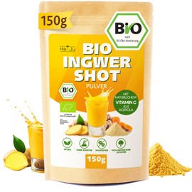 Organic Ginger Shot Powder 150 g with Natural Vitamin C from Acerola, Extra Sharp, 75 Servings, Vegan, No Additives, Laboratory Tested, Free from Sugar, 100% Natural Ingredients