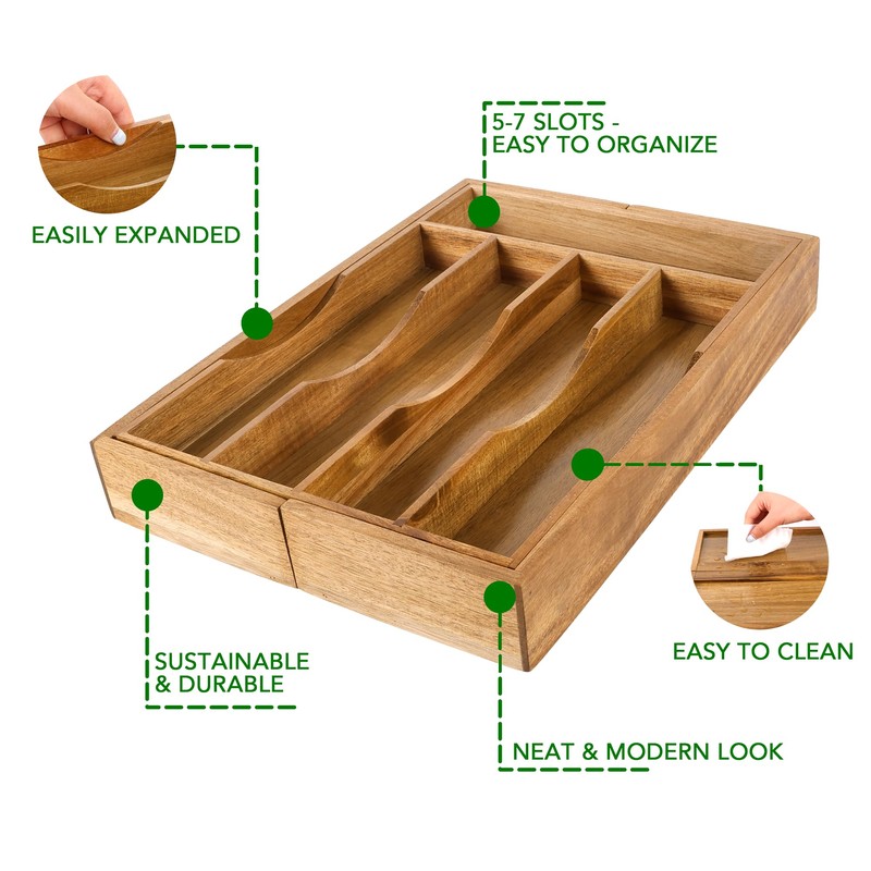 oridom Expandable Acacia Kitchen Drawer Organizer for Cutlery and Utensils,