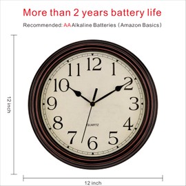 Foxtop Retro Silent Non-Ticking Round Classic Clock Quartz Decorative Battery Operated Wall Clock for Living Room Kitchen Home Office 12 Inch (Bronze)
