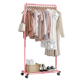 Sakugi Clothes Rack - Clothing Rack with Storage Mesh Shelf & Casters, Heavy-Duty Metal Clothing Rack for Hanging Clothes, Dresses, Coats, Large Load Capacity, Easy Assembly, Pink, 28.0"x16.9"x59.0"