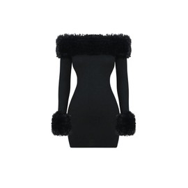 SOLY HUX Women's Bodycon Mini Dress Off The Shoulder Contrast Faux Fur Long Sleeve Dresses Pure Black Medium