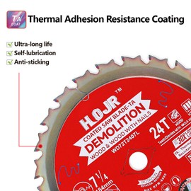 HOJR 7-1/4" 24 Tooth Circular Saw Blade, 5/8" Arbor, Demolition/Framing Circular Saw Blade, Anti-Stick Coating-TA Tip, Compatible with Diablo Milwaukee, 7-1/4" 24T 5/8"