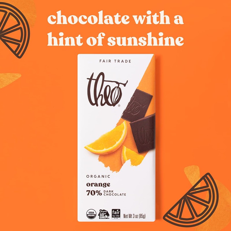 Theo Chocolate Orange Organic Dark Chocolate Bar, 70% Cacao, 12