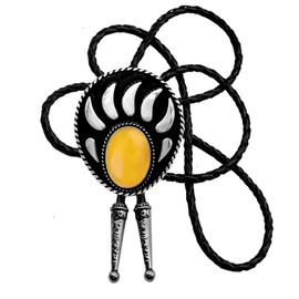 Moranse Bolo Tie with Bear Catch And Gem Stone Celtic Parterre Style Genuine and Cowhide Rope(Yellow)