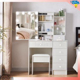 Yamissi 6 Drawers Vanity Desk Set with Sliding LED Light Mirror for Bedroom Makeup Dress