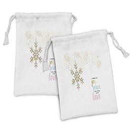 Ambesonne Joy Fabric Pouch Set of 2, Christmas Pattern with Polygonal Snowflake with Peace Love Words Ornate, Small Drawstring Bag for Toiletries Masks and Favors, 9" x 6", Pale Pink Pale Blue