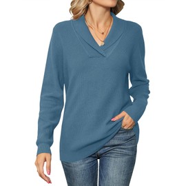 IECCP Ladies Jumpers V Neck Women's Long Sleeve Tops Lapel Knit Sweater Solid Color Pullover Gray Blue XL
