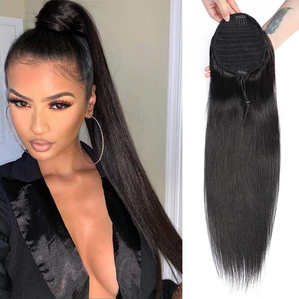 Straight Human Hair Ponytail Drawstring 1 Piece, 100% Ponytails Extension for Women, Brazilian Straight Hair Natural Color (26", Wrap Drawstring)