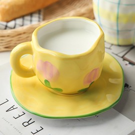 Disoza Coffee Mugg Set Med Fat Gul Tulpanmugg Gåvor Till Kvinnor Födelsedag Te Coffee Mugg 250 ml Keramisk Mugg Födelsedagspresent Till Kvinnor Flickvän Flickor Mamma