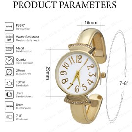 Blekon Collections Womens 29mm Case Large Numbers Narrow Cuff Bangle Watch (Gold)