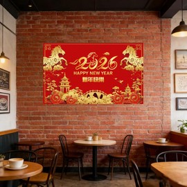 KYMY Chinese New Year Backdrop, 2026 Lunar New Year Zodiac Horse Hanging Banner 70.9 x 43.3 Inch, Asian Spring Festival Polyester Wall Background Photo Booth for Indoor Outdoor New Year Decorations