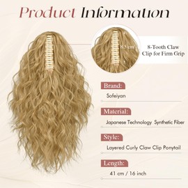 SOFEIYAN Ponytail Extension, 16 inch Claw Clip Ponytail Extension Wavy Curly Ponytails Synthetic Pony Tails Hair Extensions Natural Fake Hairpiece for Women - Blonde&Gold Highlights