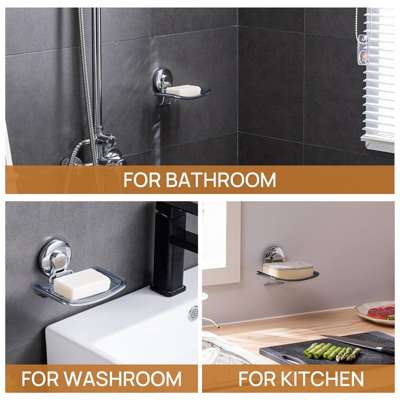 LEVERLOC Chrome Suction Cup Soap Dish Holder for Shower Wall
