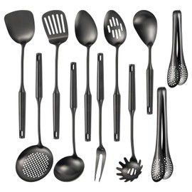 304 Stainlss Steel Matte Kitchen Utensils Set, 11 Pcs Long Metal Cooking Utensil Gadgets Tools Set with Spatula, Ladle, Spoon, Ladle, Skimmer, Tunner, Pasta Server, Tongs(Black, Dishwasher Safe)