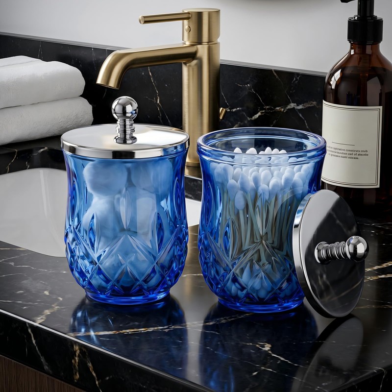 2 Pack Glass Qtip Holder Dispenser Set, Round Bathroom Apothecary