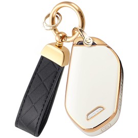 Montague Key Fob Cover for KIA with Leather Keychain, Premium TPU Key Case Shell for Kia Telluride, Sorento, K5 GT-Line Remote Smart Key Fob Protector (5 Buttons, White)