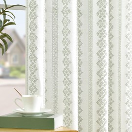 jinchan Boho Linen Blend Curtains 84 Inch Long Country Farmhouse Living Room Sage Green on White Print Window Curtains Rod Pocket Back Tab Geometric Light Filtering Curtain Set, 2 Panels