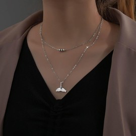Cimenexe Bohemian Layered Tail Choker Necklace Silver Mermaid Tail Pendant Necklace Small Fish Tail Chain Necklace Minimalist Tail Bead Necklace Jewelry for Women