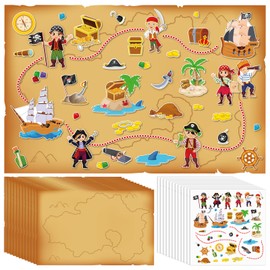 Kosiz 12 Pcs Giant Treasure Island Map Sticker Scenes Include 12 Backgrounds and Sticker Sheets Pirate Map Pirate Party Activity for Kids