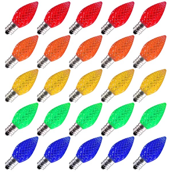 25 Pack C7 Led Replacement Christmas Light Bulb, C7 Shatterproof Led Bulbs for Christmas String Lights, E12 Candelabra Base, Commercial Grade Dimmable Holiday Bulbs, Multicolor