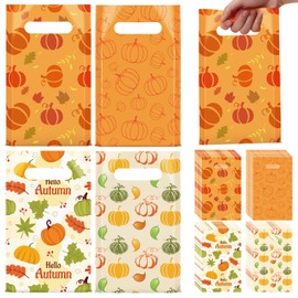 Epakh 48 Pcs Thanksgiving Fall Plastic Gift Bags Bulk 9.8" x 6.3" Autumn Maple Leaves Pumpkin Candy Goodie Treat Bag with Handle for Fall Autumn Harvest Thanksgiving Party Favor Supplies (Pumpkin)
