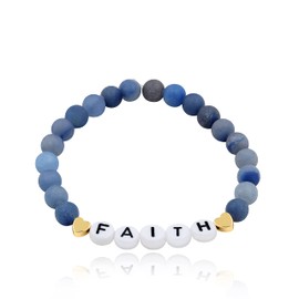 T Brand Alphabet Initial Faith Bracelet, Natural Matte Aventurine Blue Beaded Inspirational Bracelet (Blue, 17cm/6.7inch) FAITH-blue 6.7 inches