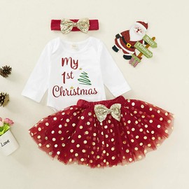 Baby Girl 1st Christmas Outfits Letter Print Romper+Polka Dot Tutu Dress+Headband 3PCS Clothes Set(1st Christmas #4, 0-3 Months)