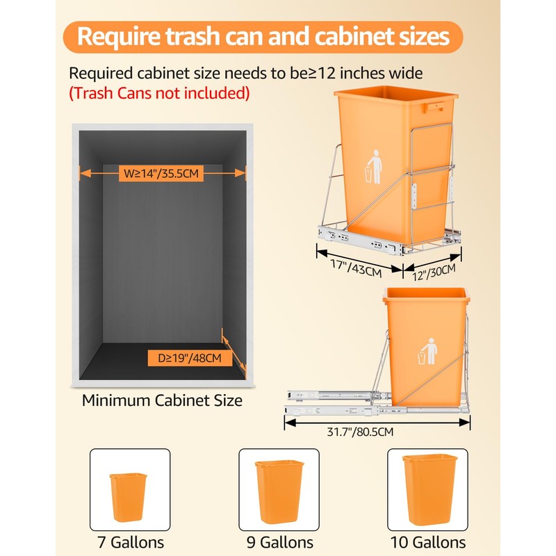 RUNMI Pull Out Trash Can Under Cabinet, 7-13Gal Cabinet Trash