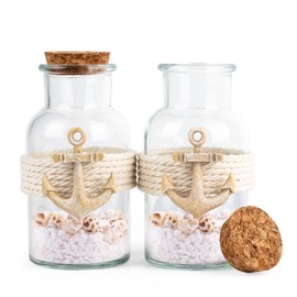 QEQEKAKA 2PCS Coastal & Beach Decor Glass Bottles with Cork & White Sand Rocks and Natural Sea Shells, for Coastal & Beach Room Decor, Home Tabletop & Summer Decorations, Bridal Shower Gifts
