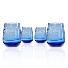Rolf Glass School of Fish Blue Stemless Wine Glass | Set of 4 Stemless Glasses | 15oz Limited Edition Blue Glass Tumblers | Engraved Lead-Free Coastal Glassware | Made in the USA
