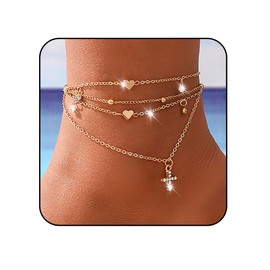 Generic Adzoni Heart Ankle Bracelets for Women 14K Gold Plated Anklets Sterling Silver Layered Cross Pendant Anklet Summer Beach Waterproof Anklet for Women