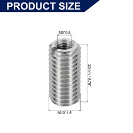 sourcing map 10Pcs Threaded Insert, Stainless Steel M10*1.5 Male to M5*0.8 Female Repair Nut 20mm Long Thread Adapters Sleeve Reducing Nut Thread Repair Screw for Hardwoods Softwoods