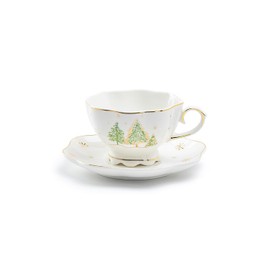 Gracie China Shop Christmas Pine Trees Fine Porcelain Scallop Shaped Tea Cup and Saucer Set, One Cup with One Saucer Set
