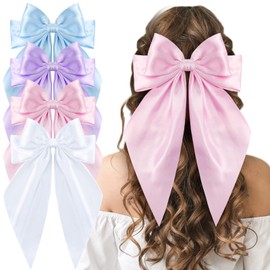 4 Pcs Hair Bows for Women Girls, Large Satin Bow Hair Ribbon Long Tail Bow Hair Clips Pink Bows for Hair White Bow Blue Hair Bow Purple Bow Hair Accessories for Birthday Wedding