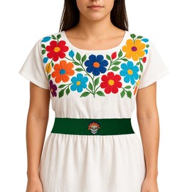 Day of the Dead Sugar Skull Belt, Green Canvas with Floral Crown Design, Mexican Folk Art Style